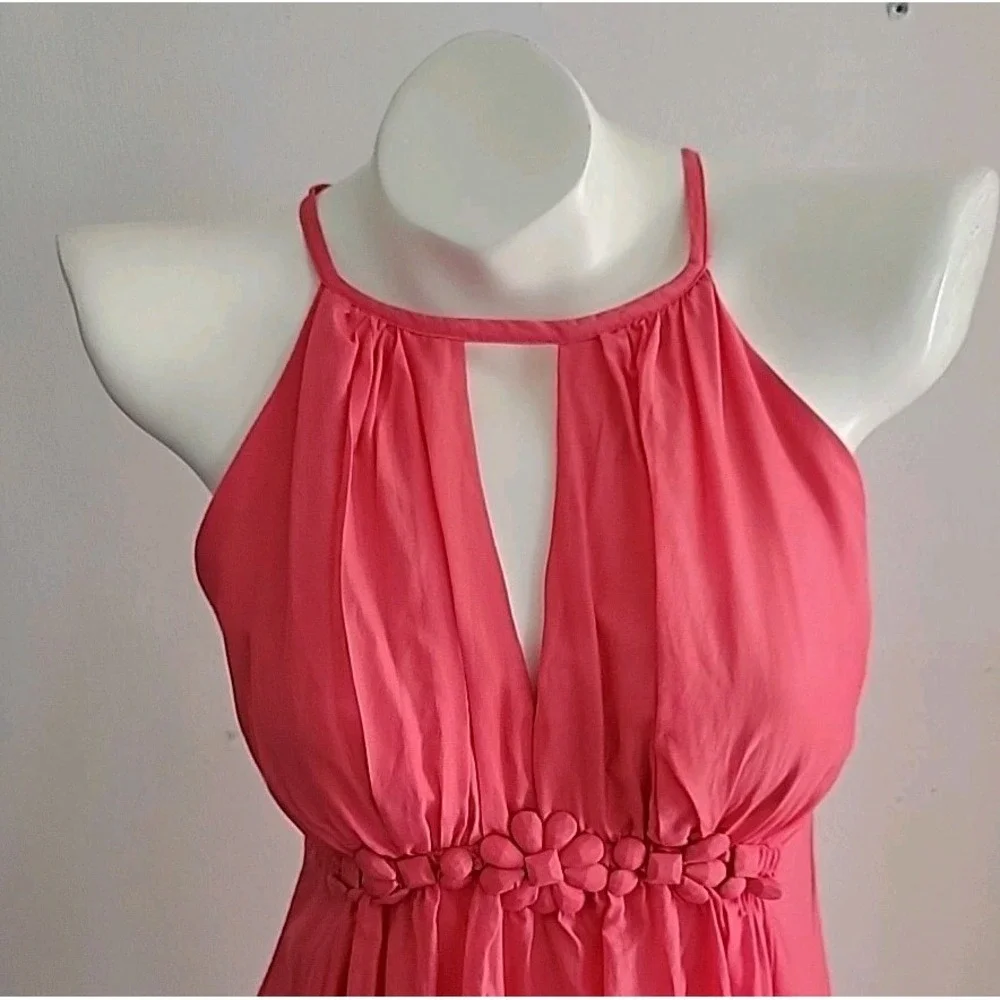 Esley Silk Blend Dress Coral High Neck Chic Cocktail Fairy Feminine Mod Romantic
